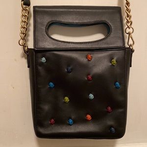 Cutout Handle Crossbody Leather Bag with Goldtone Link Embellishment on Strap